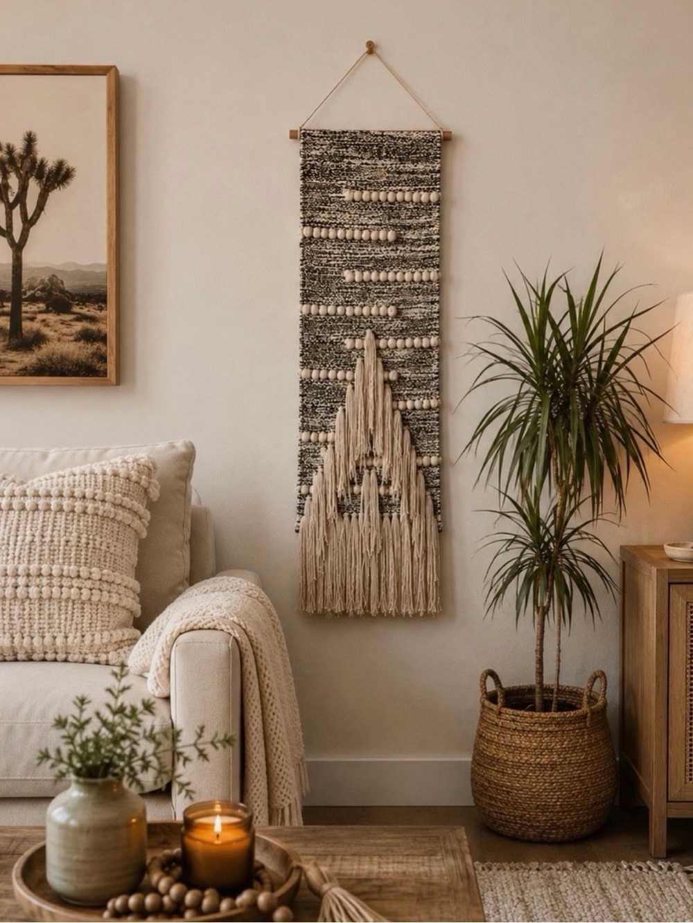 Neutral Black & Cream Woven Wall Hanging - Boho Home Decor